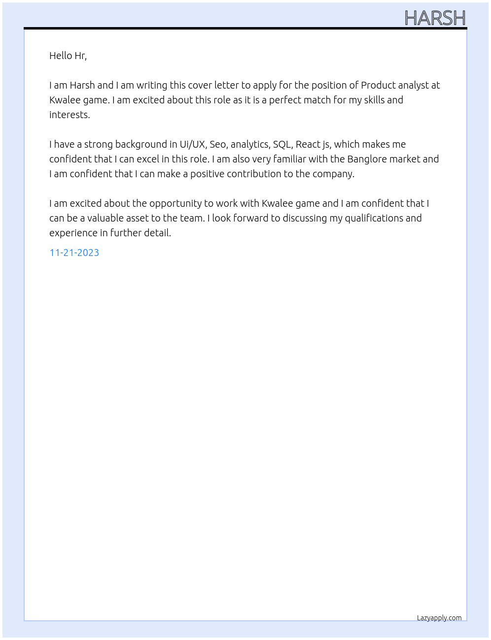 Product analyst At Kwalee game Cover Letter