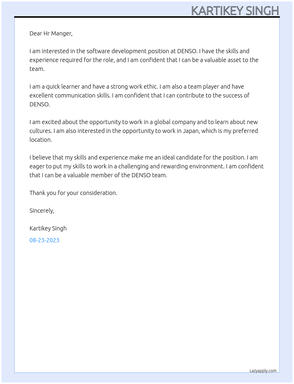 software development At DENSO Cover Letter