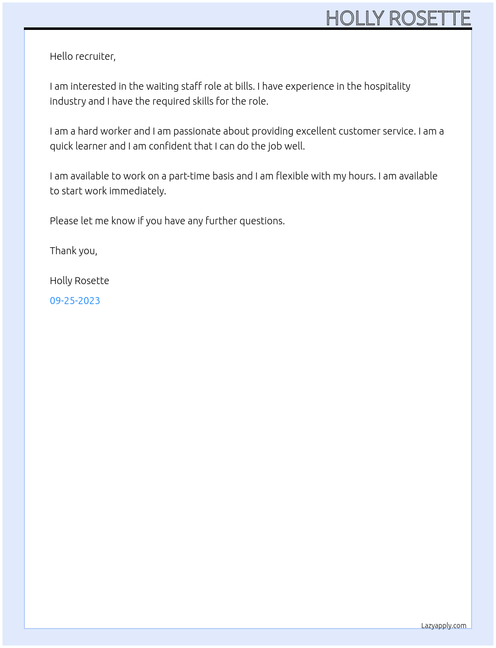 waiting staff At bills Cover Letter