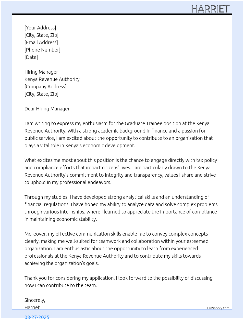 Graduate trainee  At Kenya revenue authority  Cover Letter