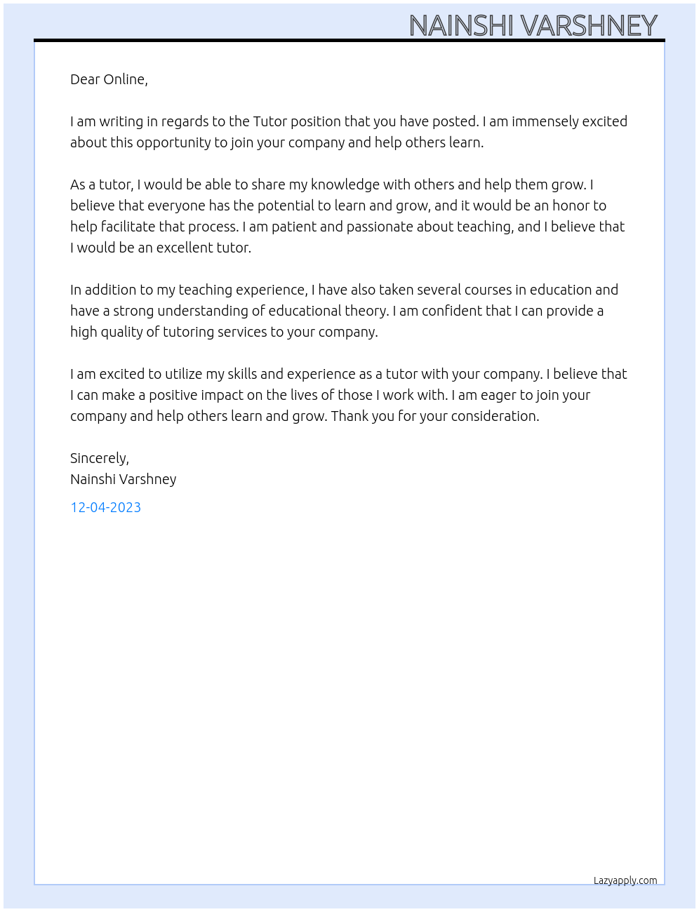 Tutor  At Online Cover Letter