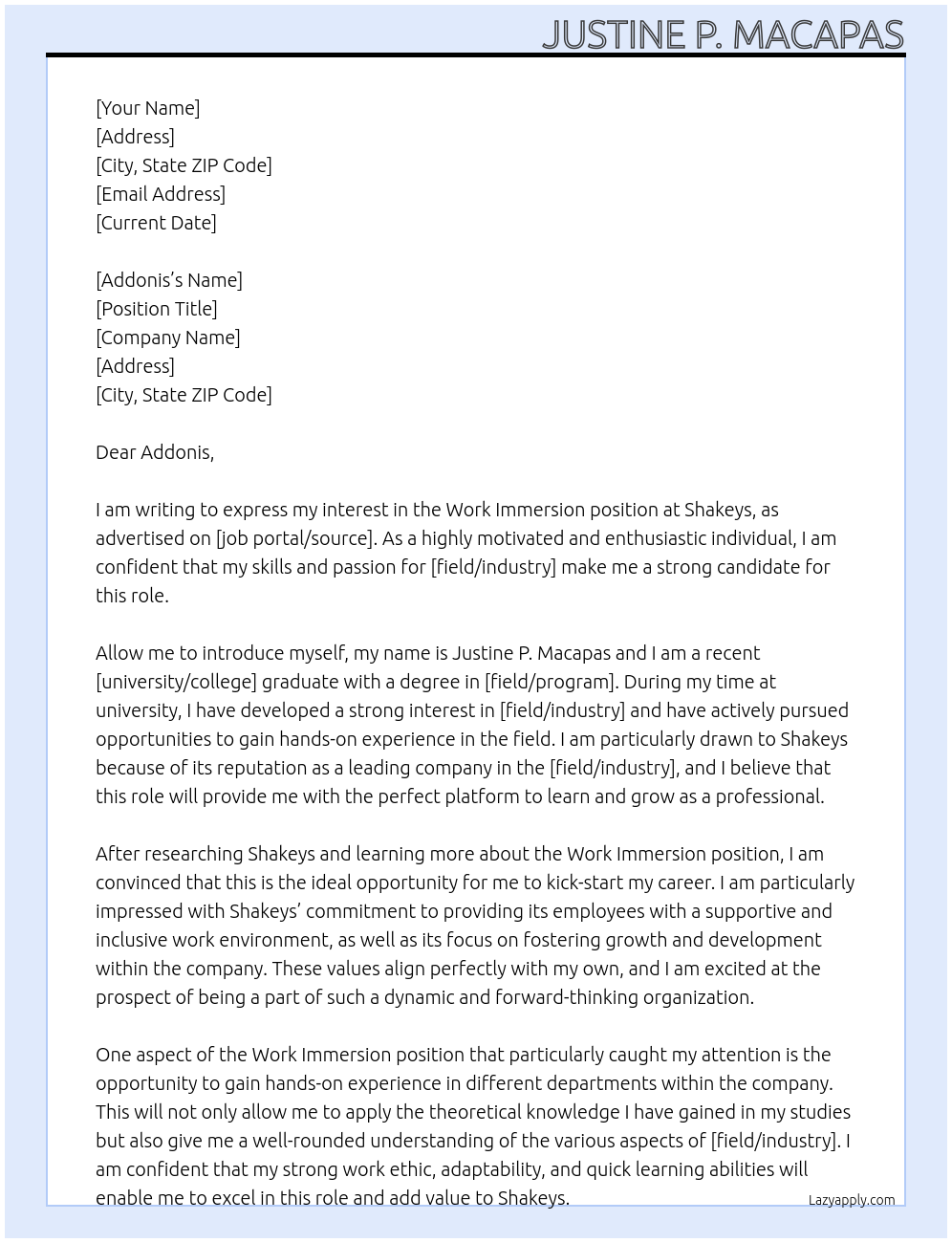 Work Immersion At Shakeys Cover Letter