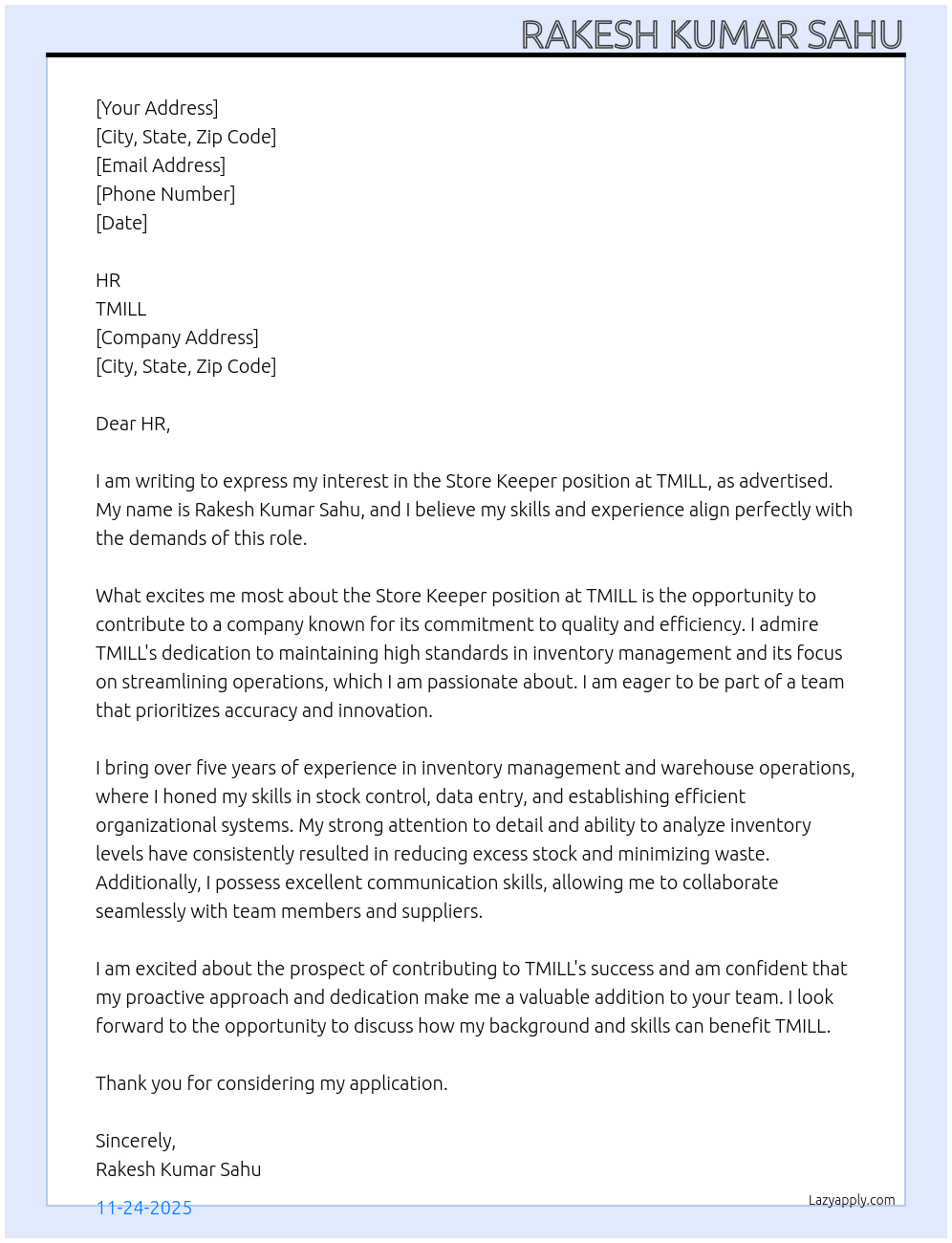 Cover letter for store keeper - LazyApply