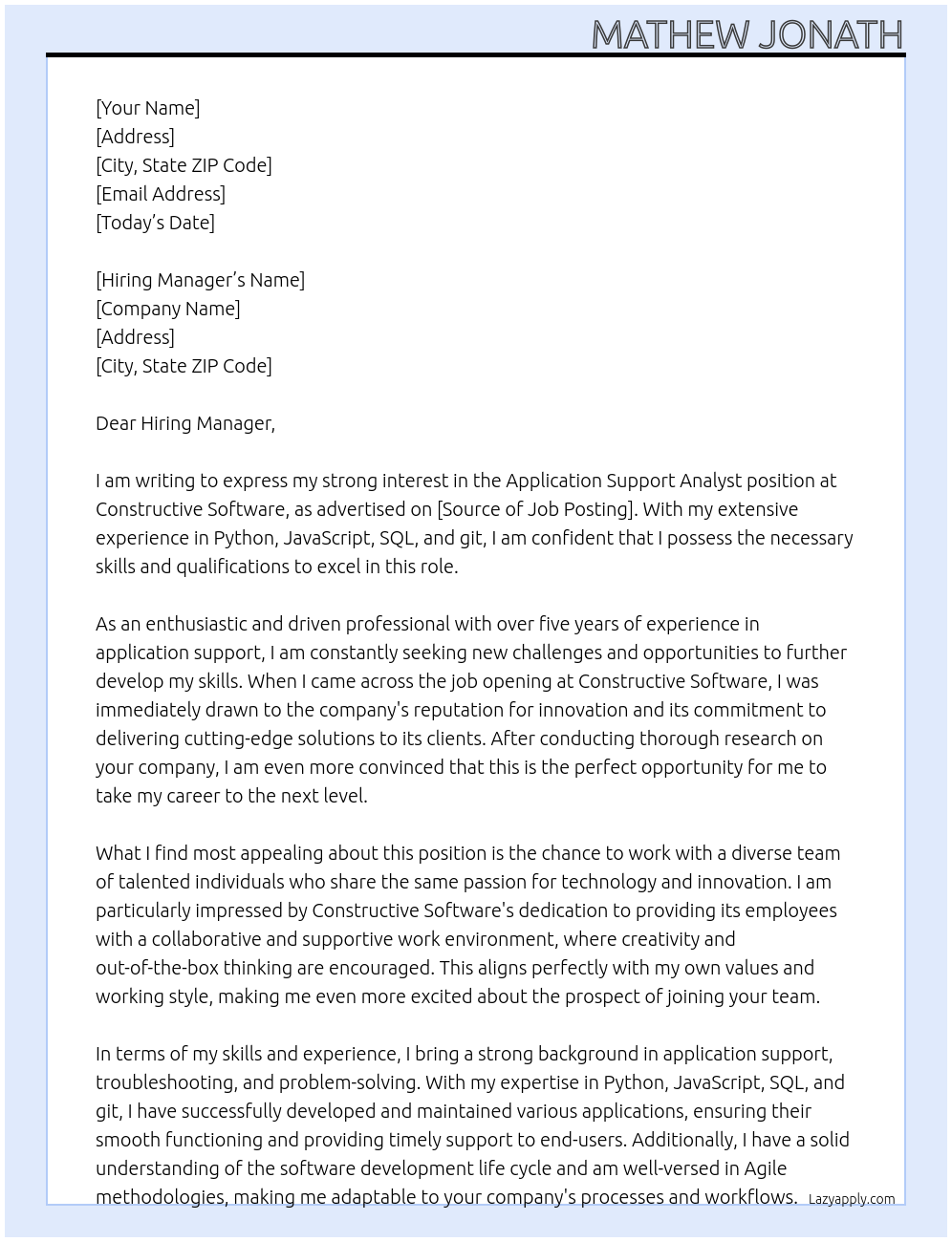 Application support analyst At Constructive Software Cover Letter