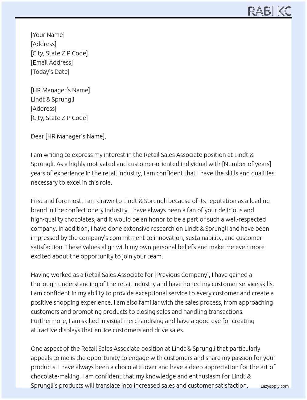 retail Sales Associate At Lindt & Sprungli Cover Letter