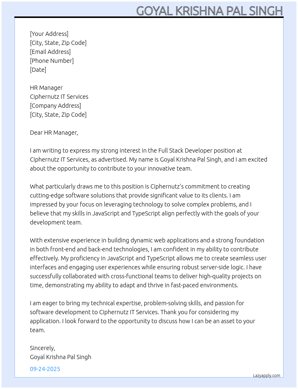 full stack developer At Ciphernutz IT Services Cover Letter