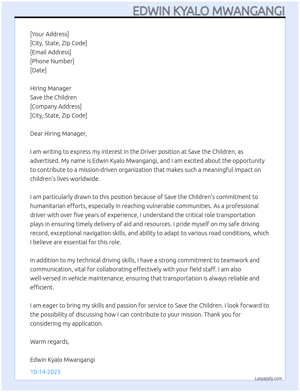 Driver  At Save the children  Cover Letter