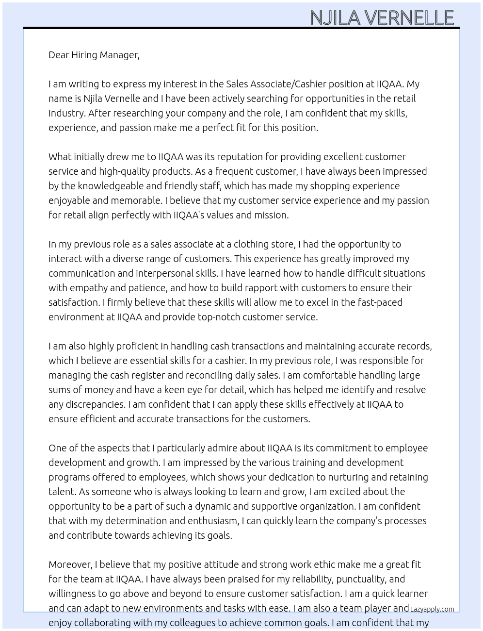 Sales Associate/ cashier At IIQAA Cover Letter
