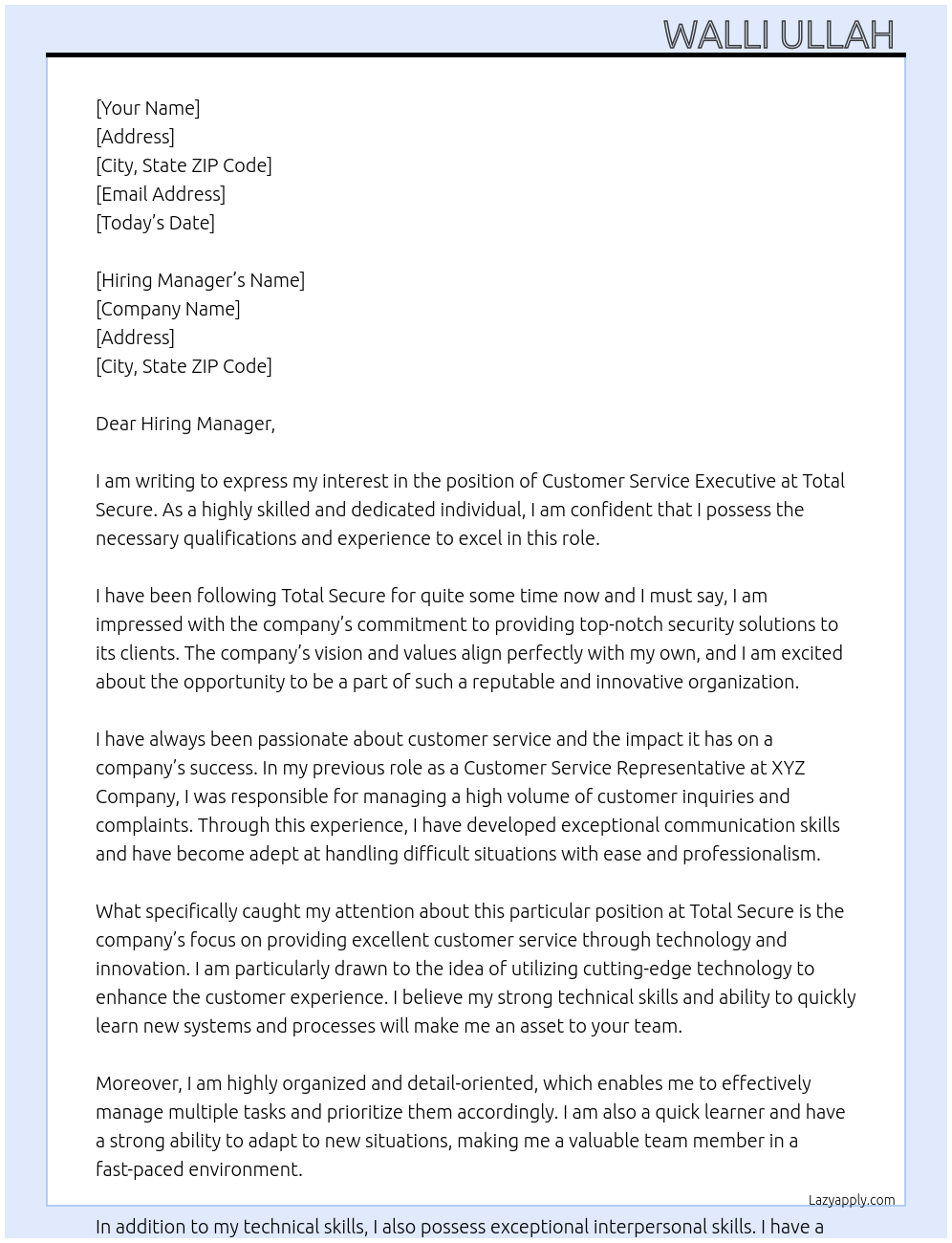 Customer service executive At Total Secure Cover Letter