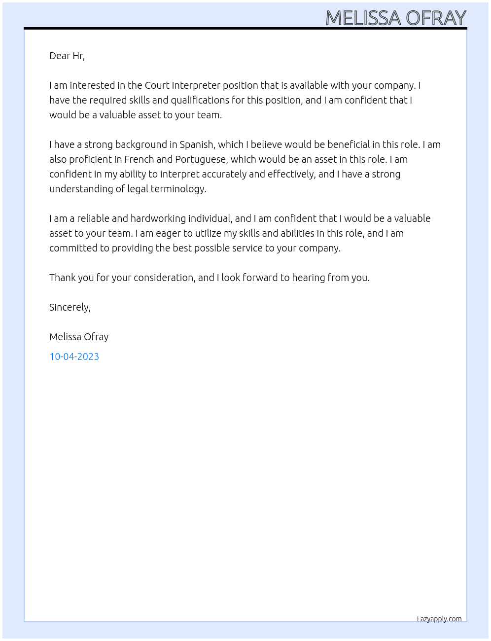 Court interpreter  At Court interpreter  Cover Letter