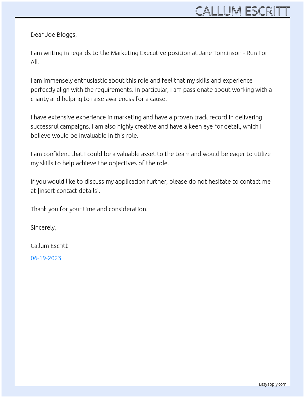 Marketing Executive  At Jane Tomlinson - Run For All Cover Letter