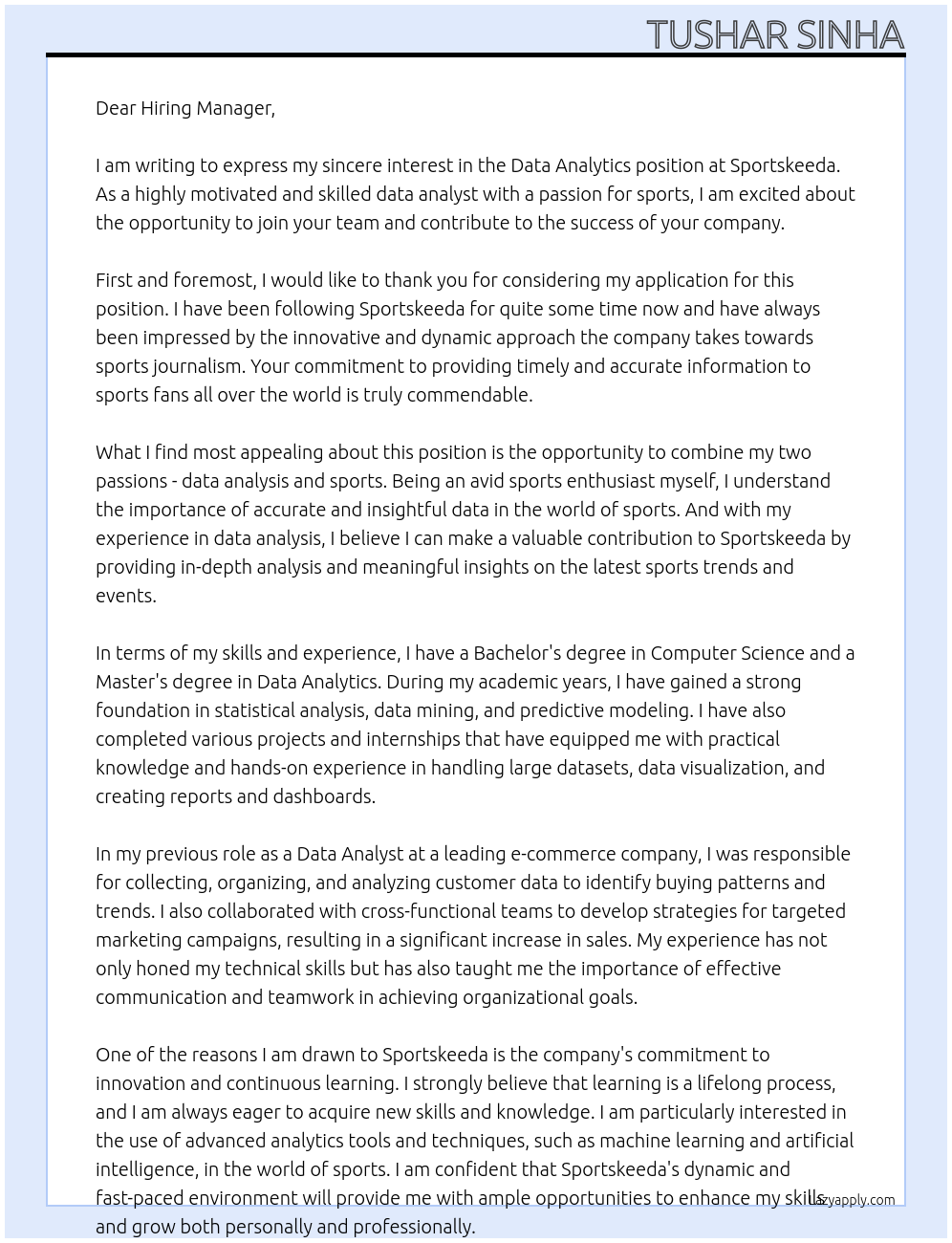 Data Analytics At Sportskeeda Cover Letter