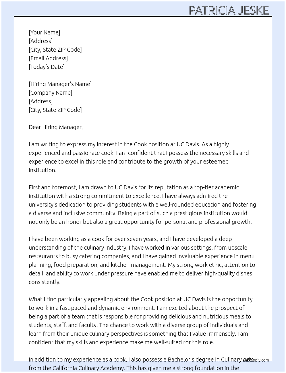 cook At UC Davis Cover Letter