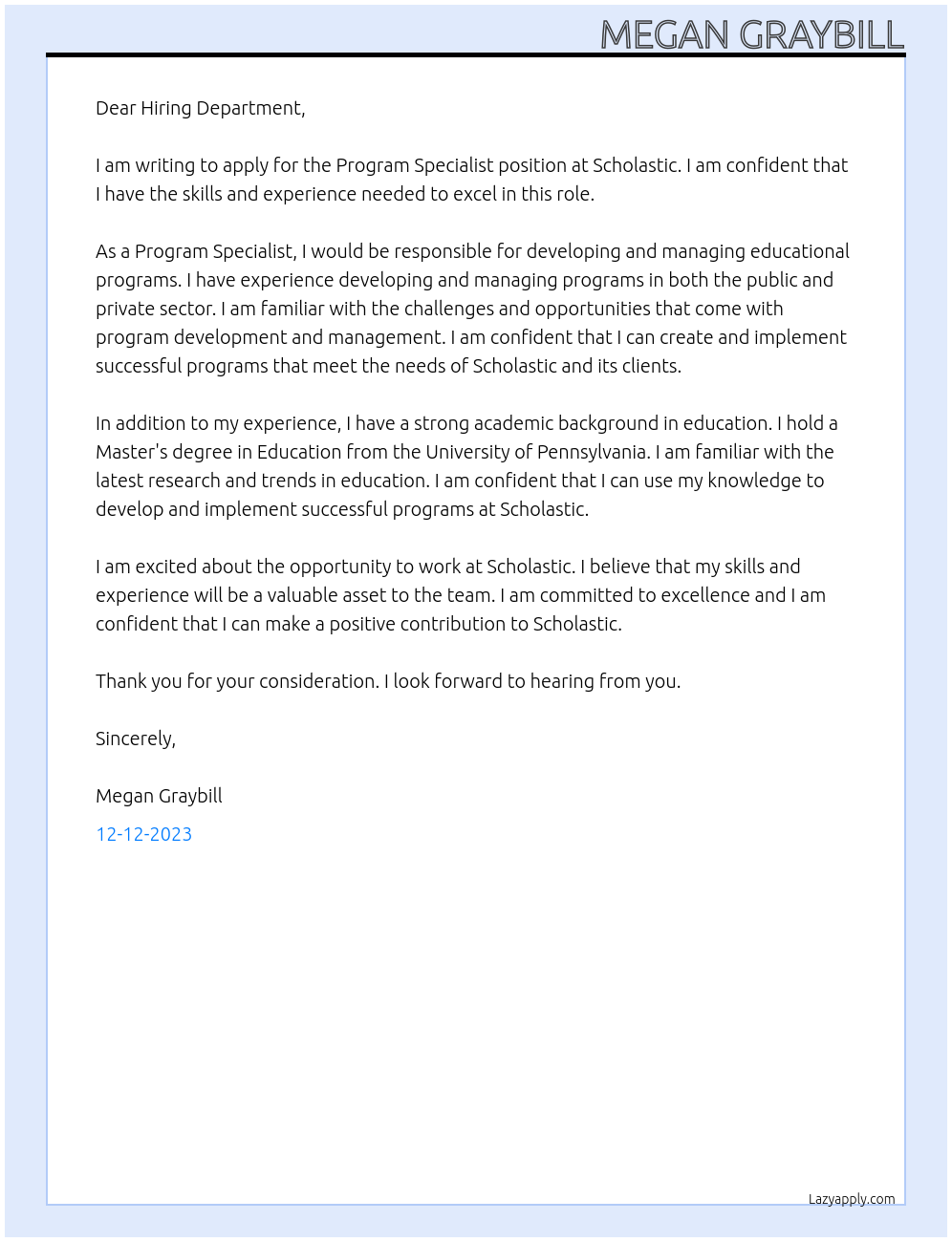 Program Specialist At Scholastic Cover Letter