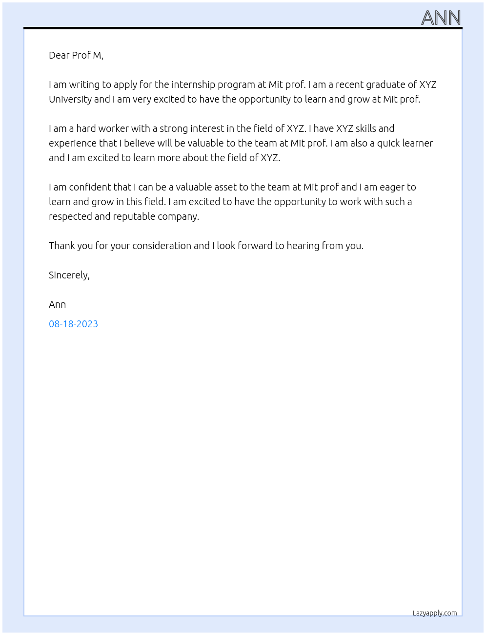 Internship program At Mit prof Cover Letter