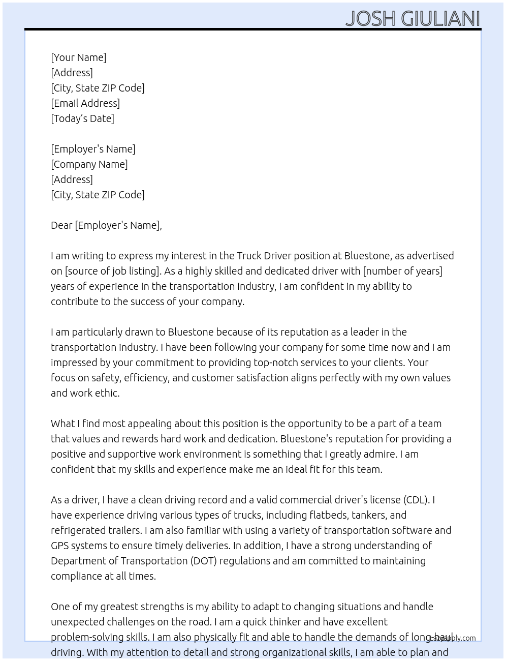 Truck Driver At Bluestone Cover Letter