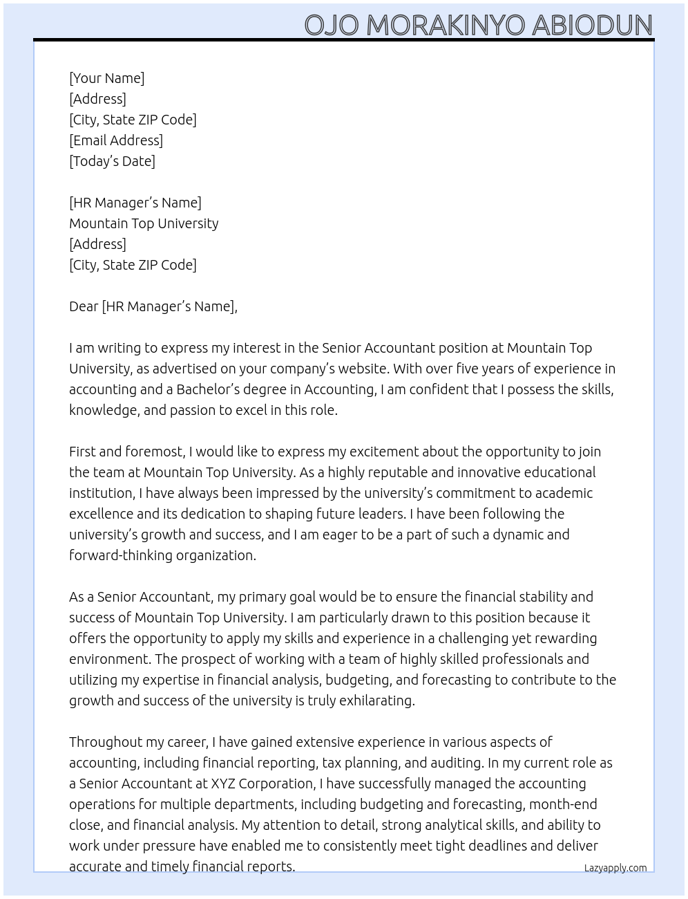 senior accountant At Mountain Top University Cover Letter