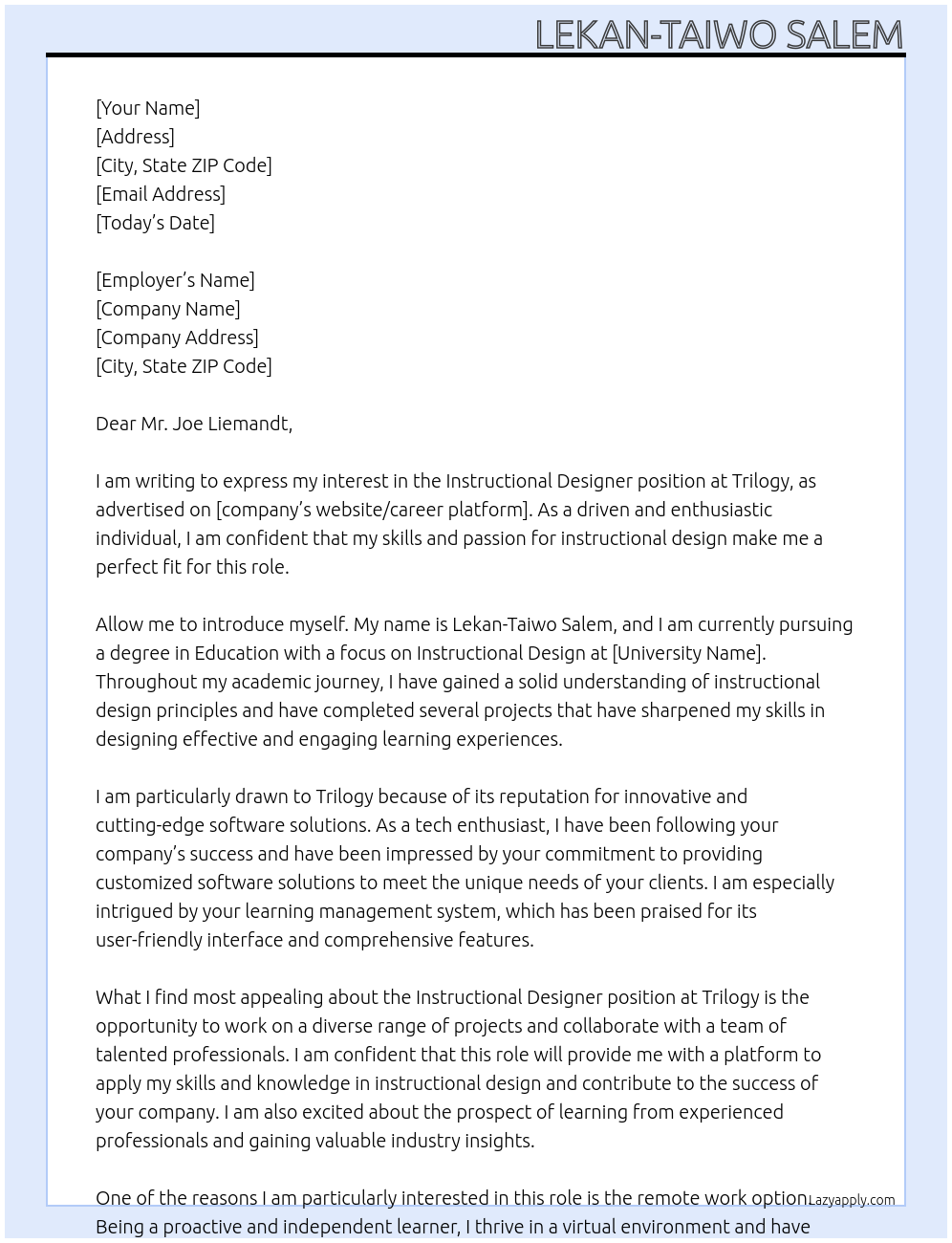 Instructional Designer At Trilogy Cover Letter