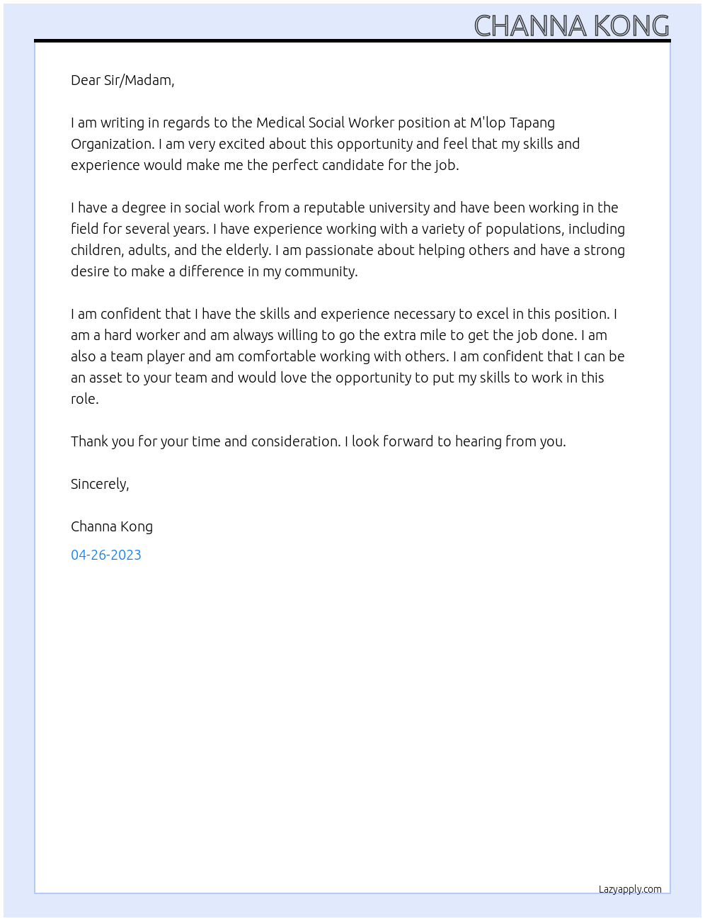 Medical Social Worker At M'lop Tapang Organization Cover Letter