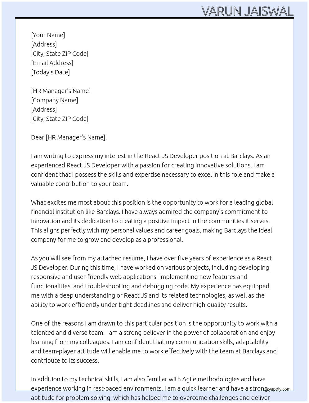 React JS developer At Barclays Cover Letter