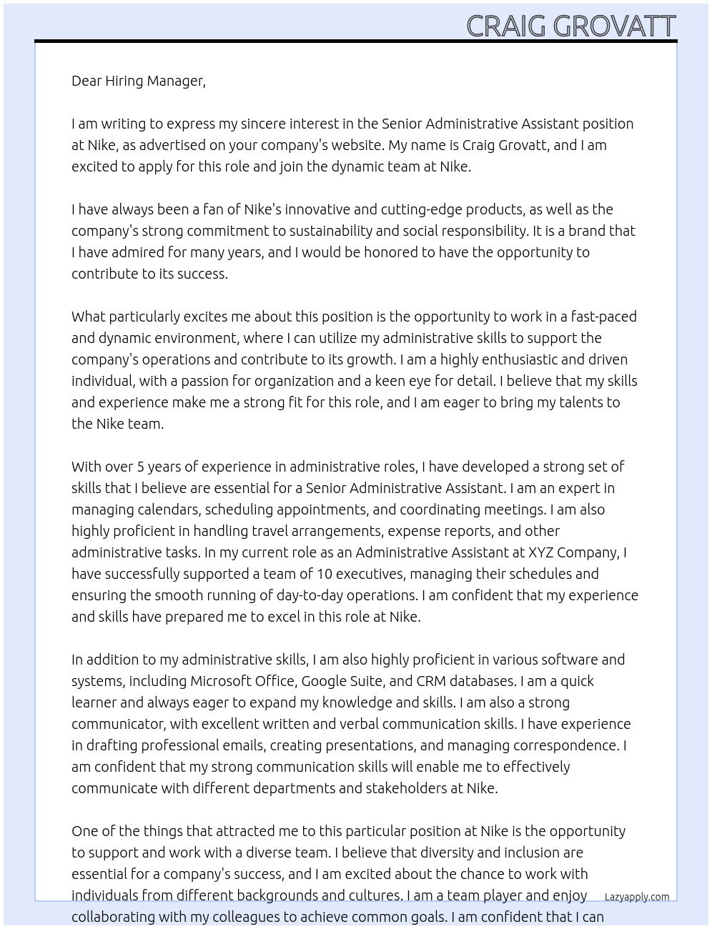 Senior Administrative Assistant At Nike Cover Letter