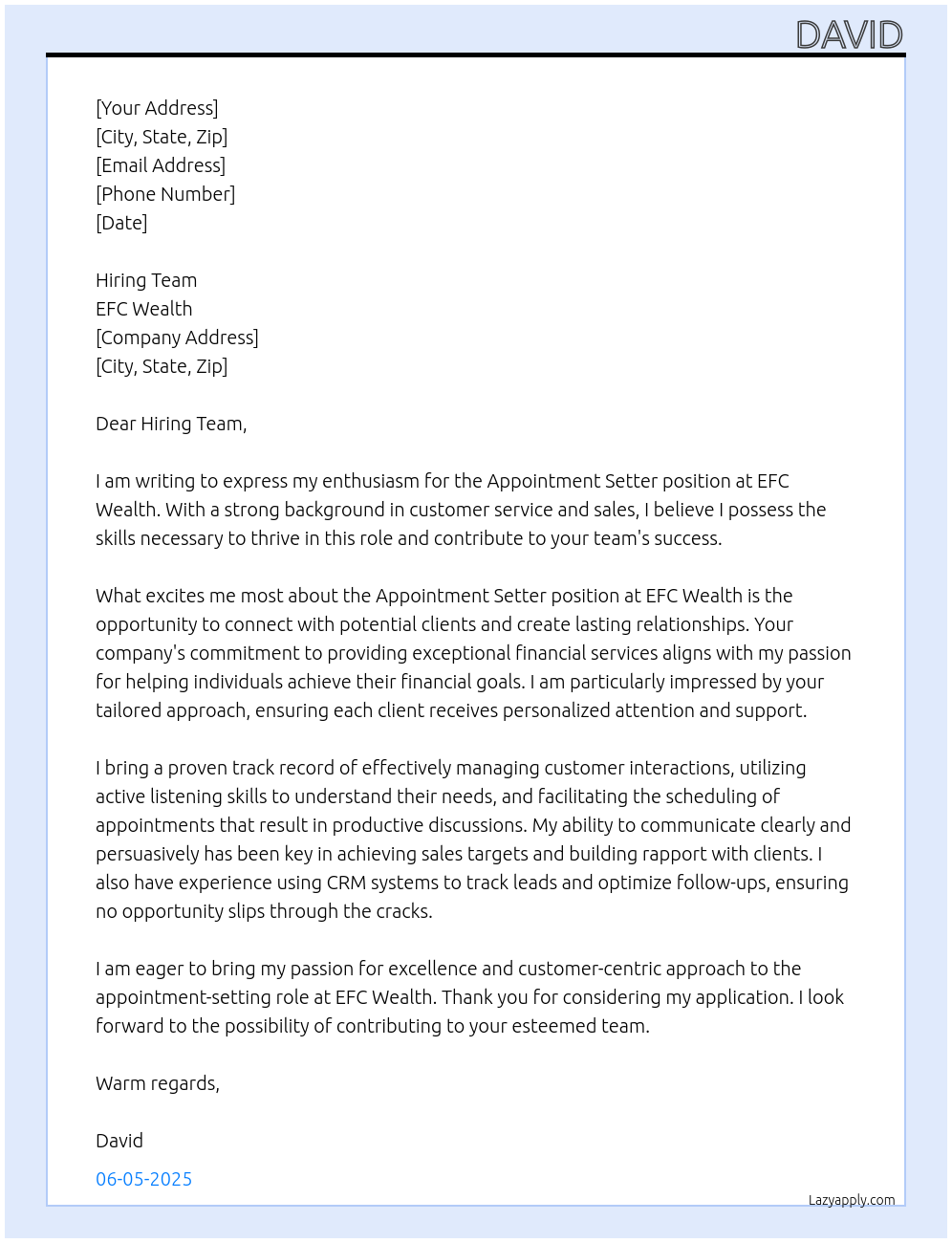 Appointment Setter At EFC Wealth Cover Letter