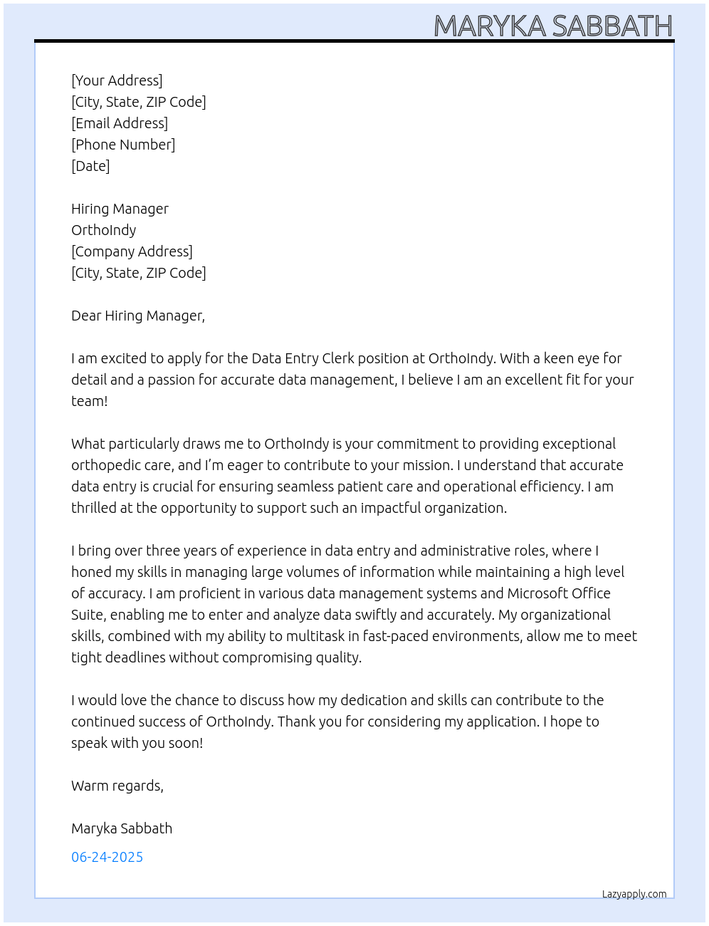 Data Entry Clerk At OrthoIndy Cover Letter