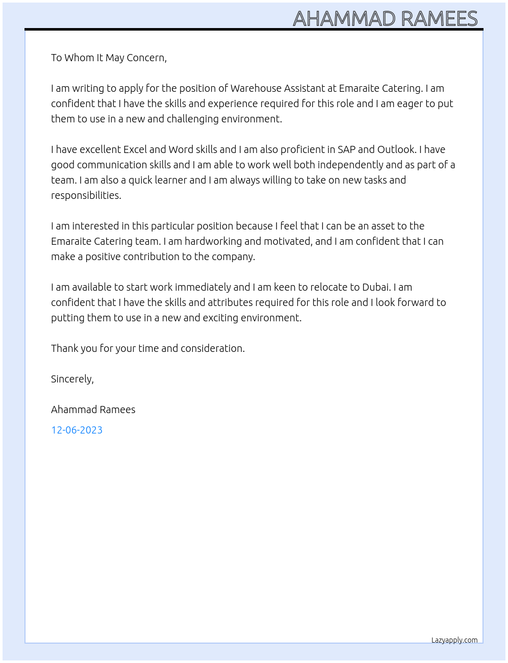 Warehouse assistant  At Emaraite catering  Cover Letter