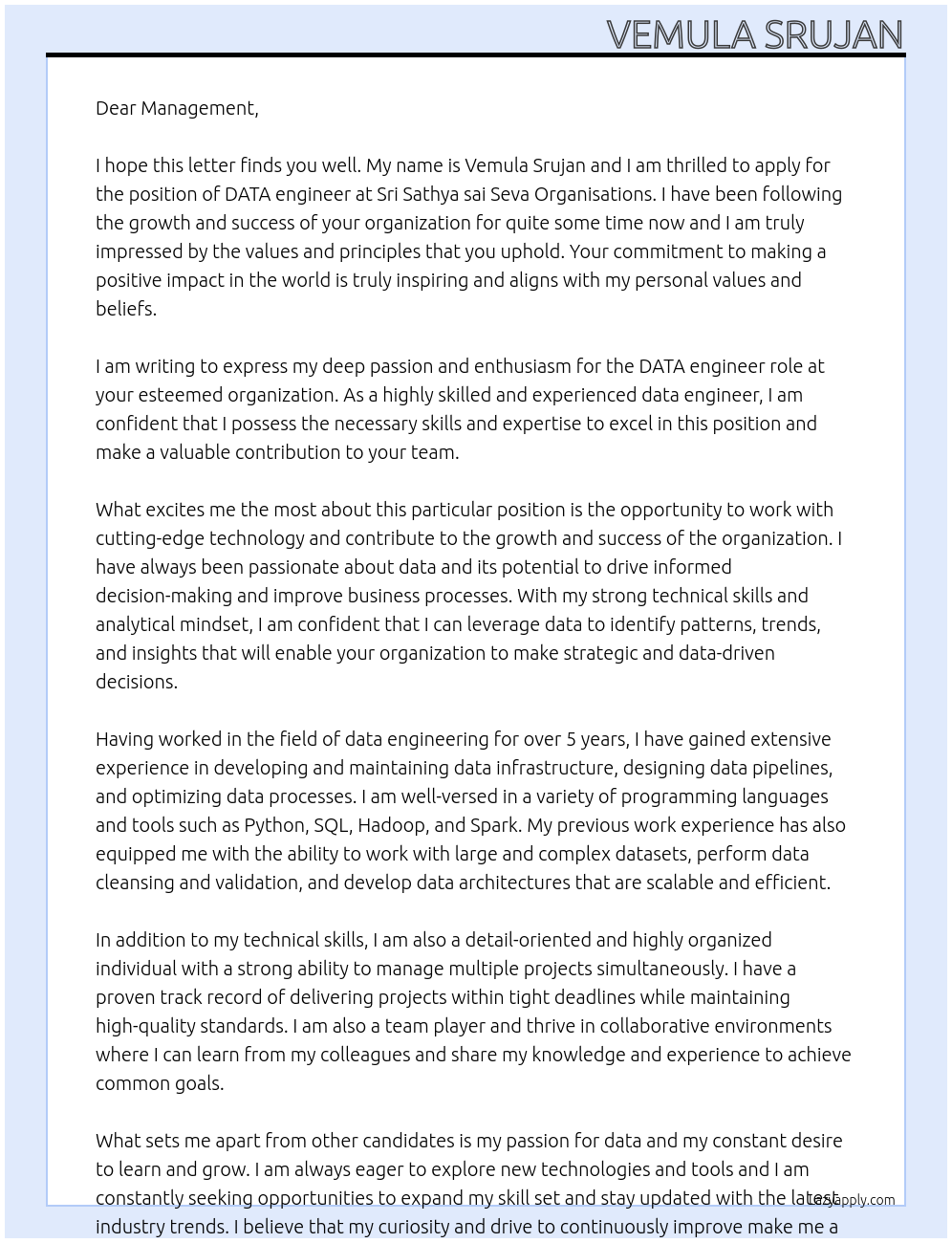 DATA engineer At Sri Sathya sai Seava Organisations Cover Letter