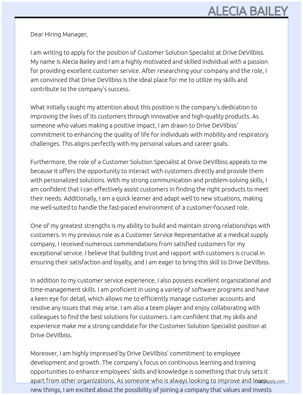 Customer solution specialist  At Drive DeVilbiss Cover Letter