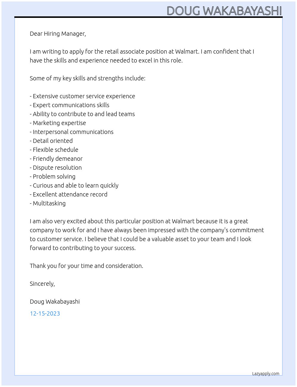 retail associate At Walmart Cover Letter