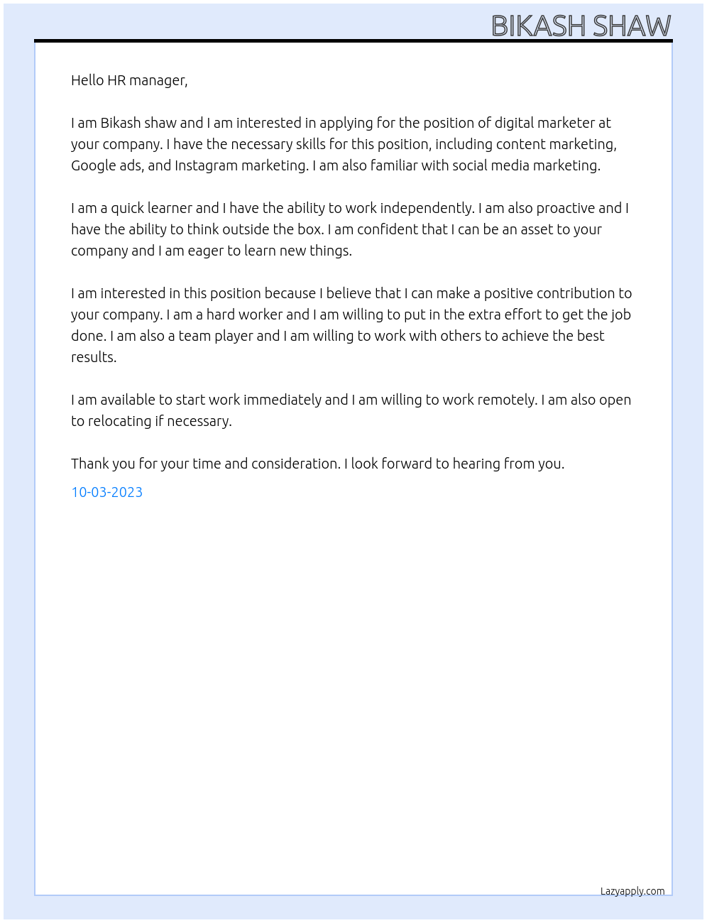 digital marketer At Your company Cover Letter