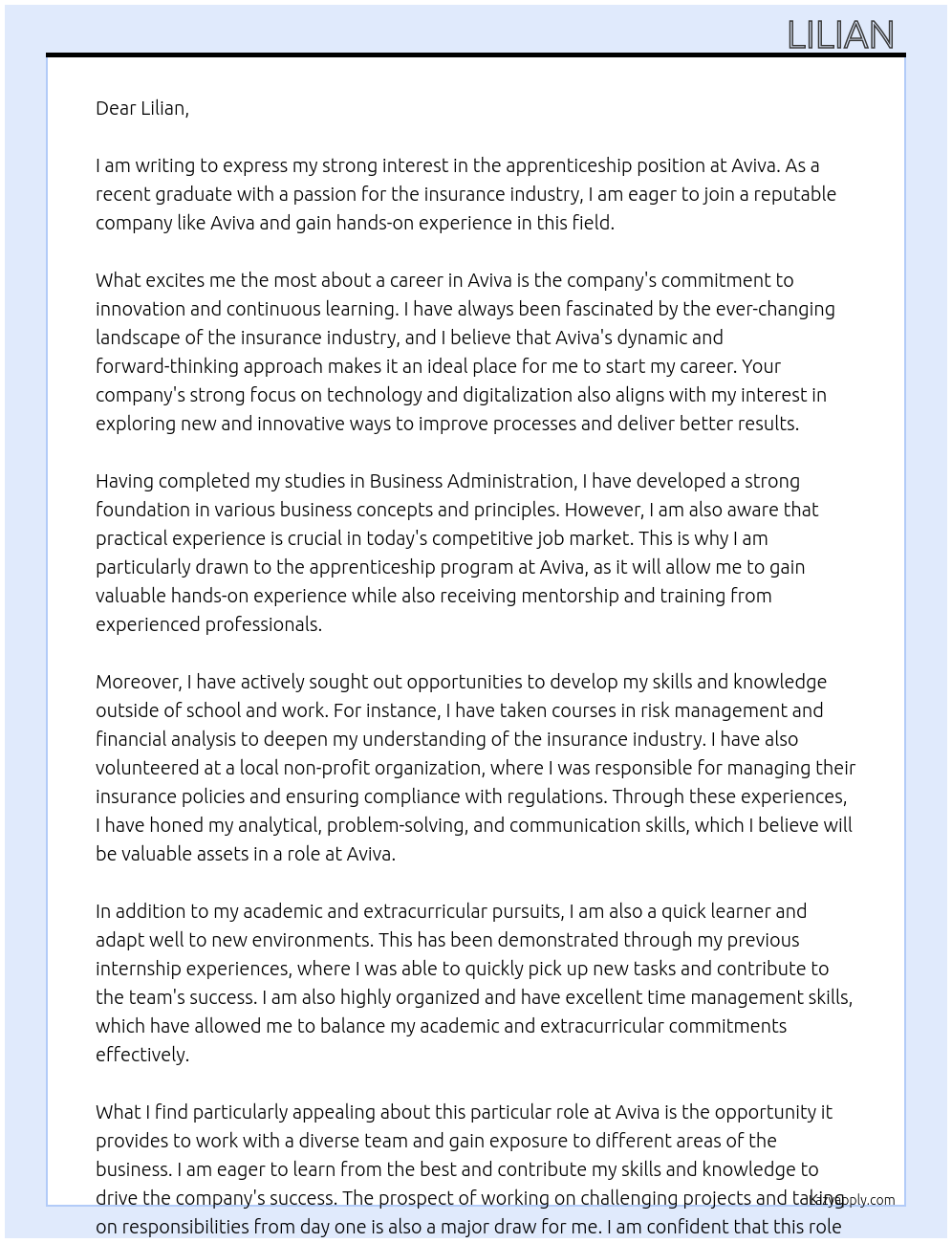 apprenticeship At Lilian Cover Letter