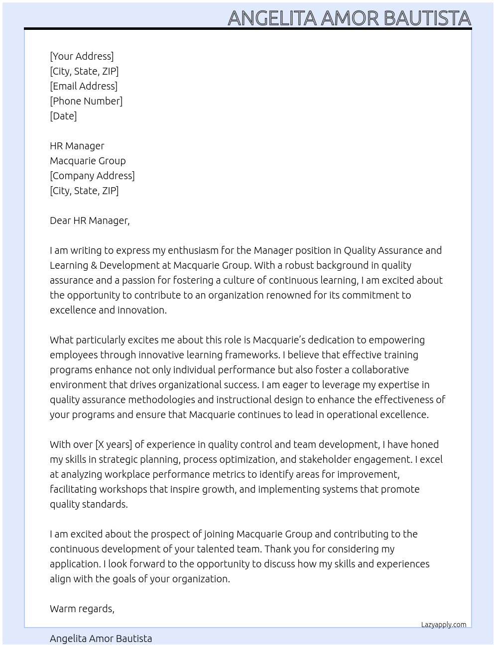 Manager | Quality Assurance and Learning & Development At Macquarie Group Cover Letter