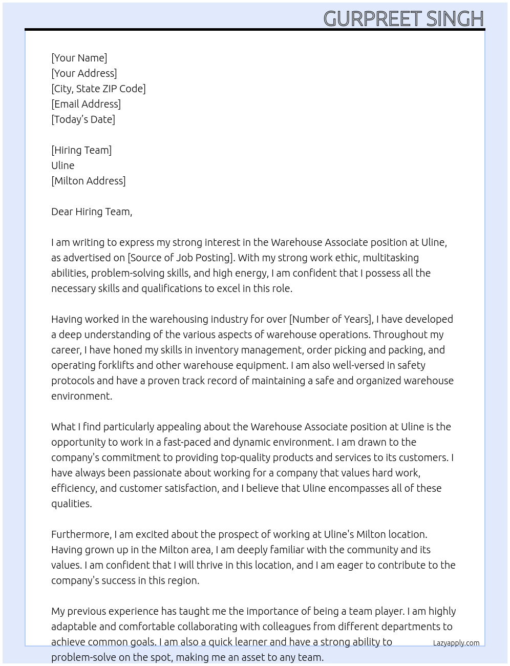 Warehouse associate  At Uline  Cover Letter