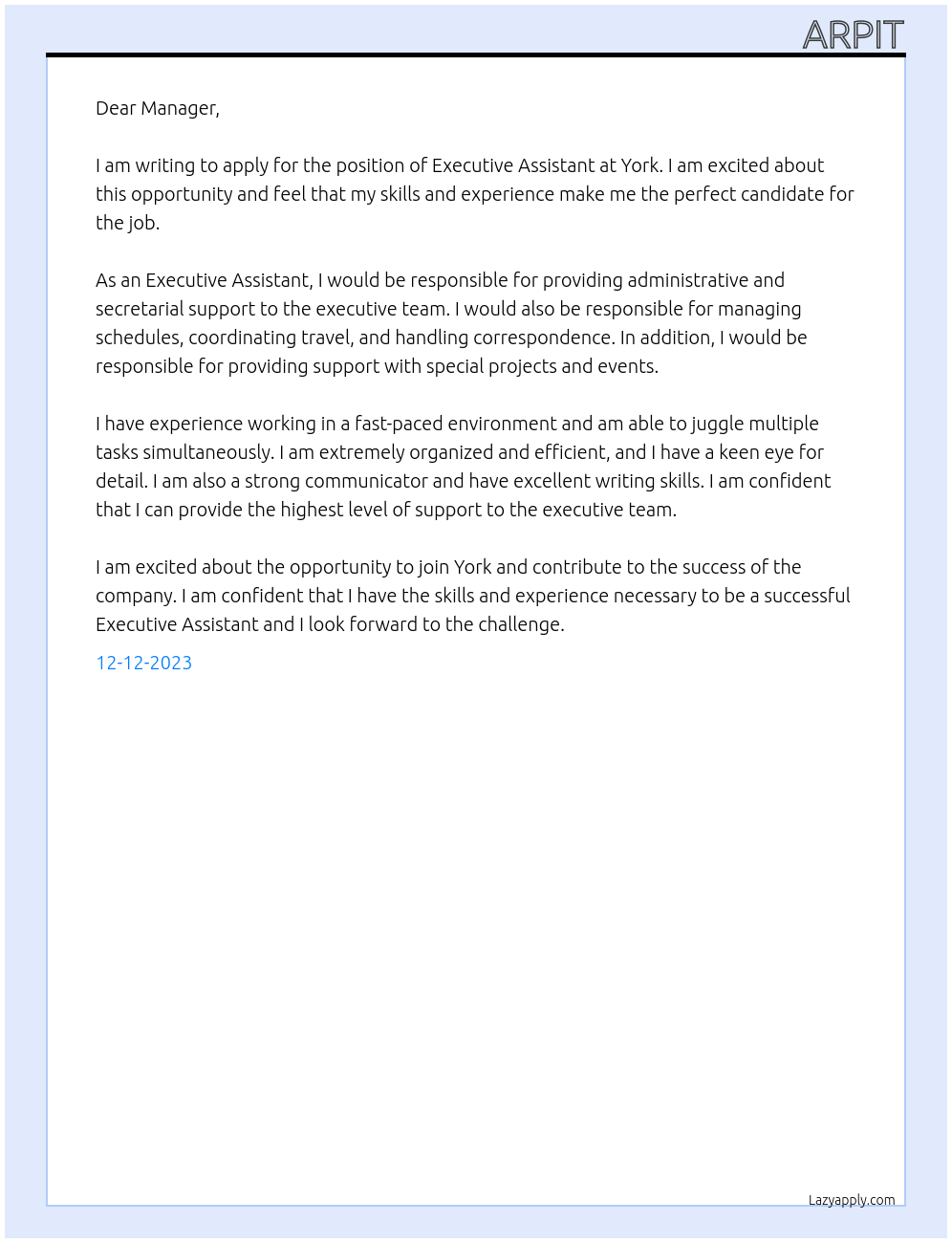 Executive Assitant At York Cover Letter