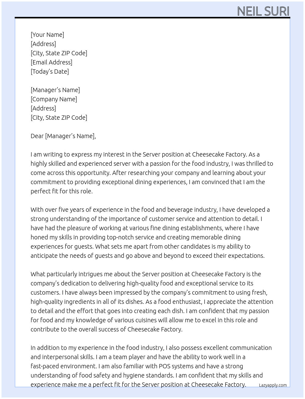 Server At Cheesecake Factory Cover Letter