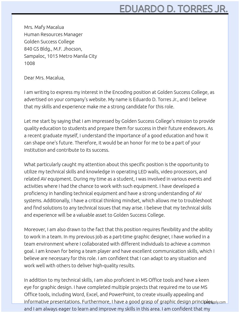 Cover letter for encoding - LazyApply