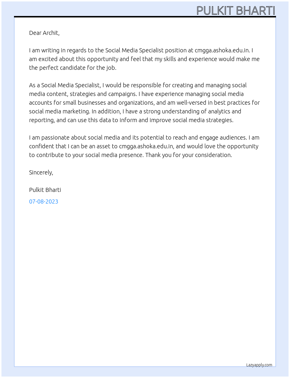 Social Media Specialist At cmgga.ashoka.edu.in Cover Letter