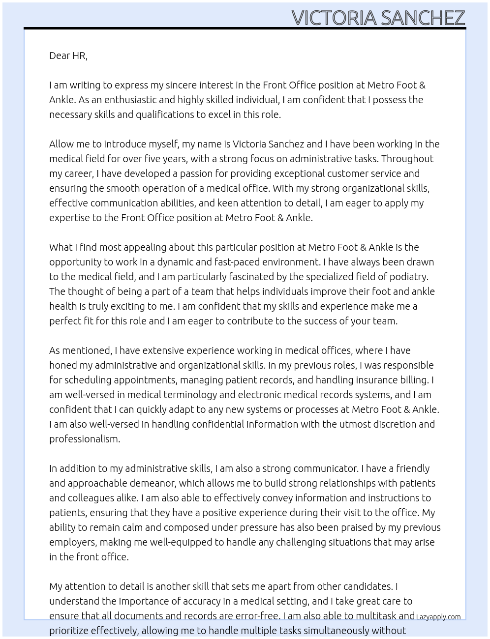 Front Office At Metro Foot & Ankle Cover Letter