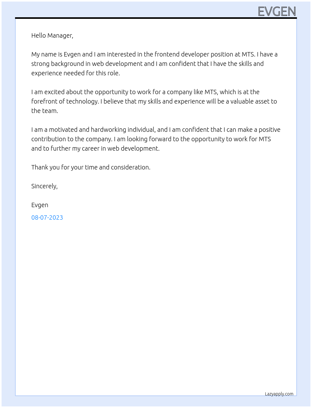 Frontend developer At MTS Cover Letter