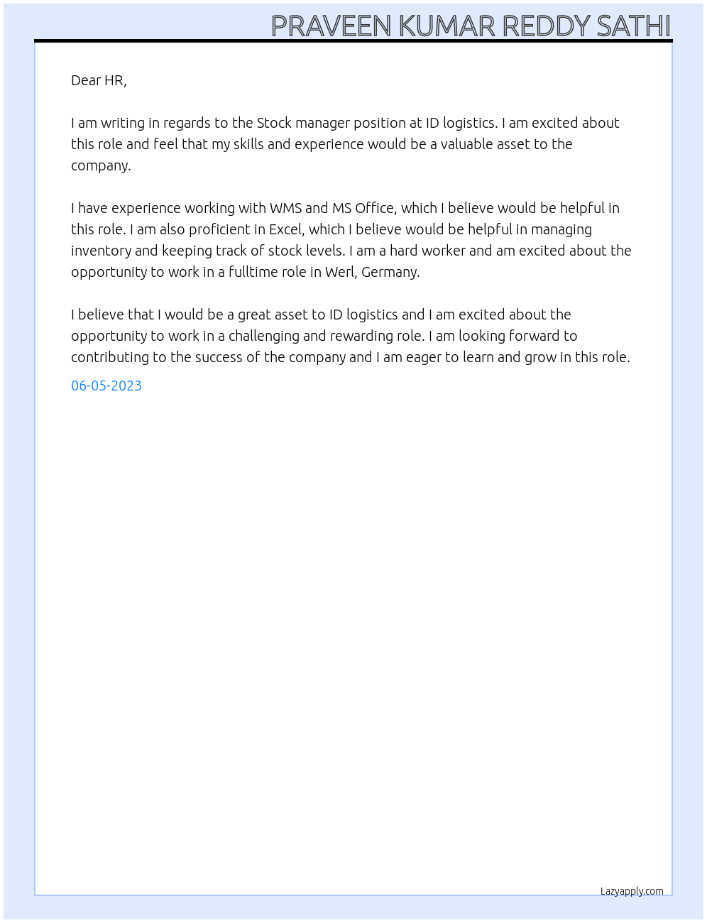 Stock manager At ID logistics  Cover Letter