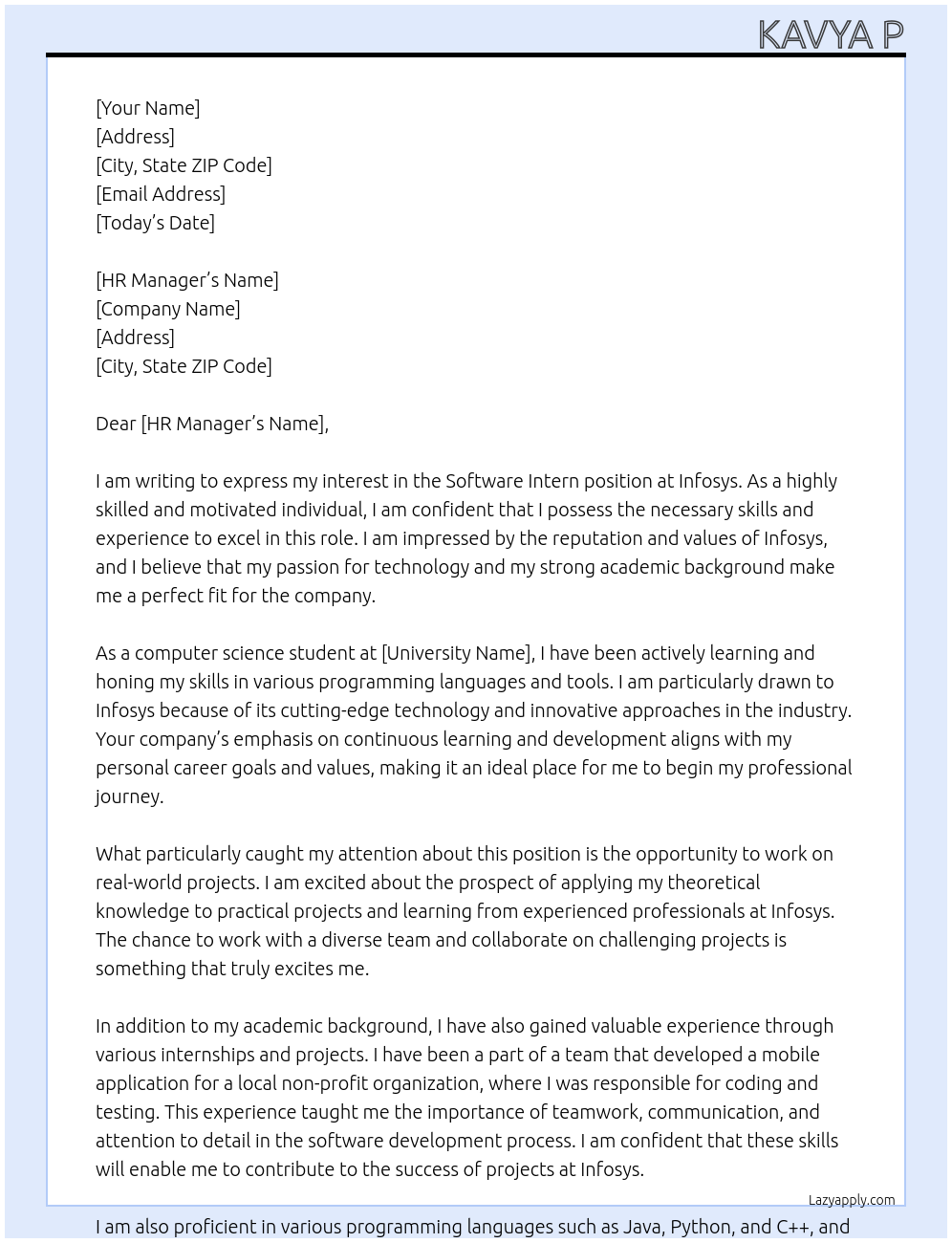 Software intern At Infosys Cover Letter