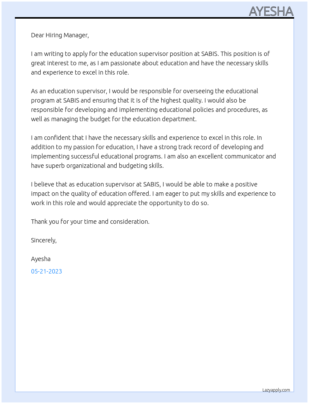 education supervisor At SABIS Cover Letter