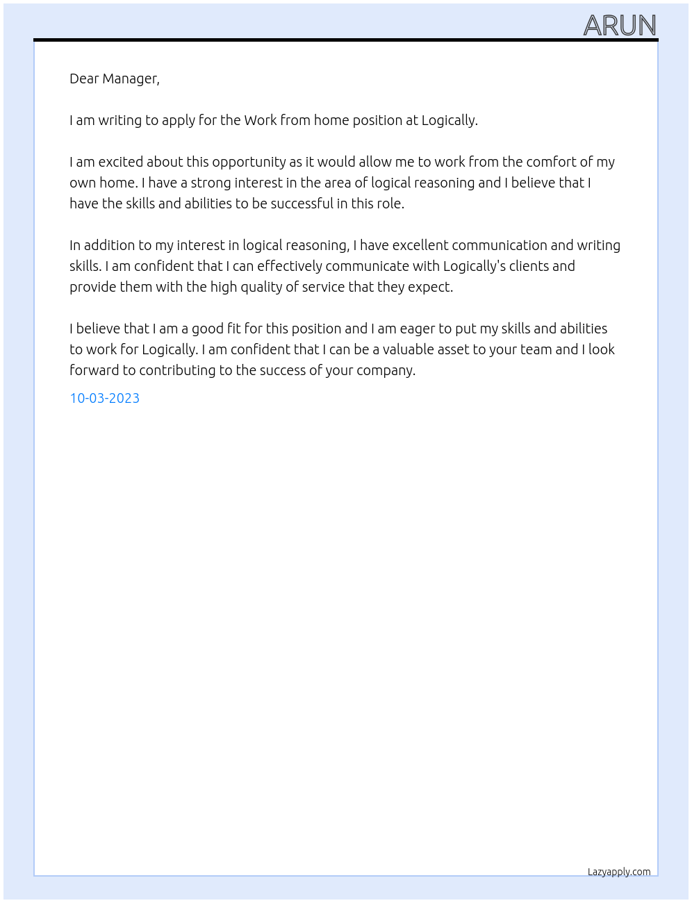 Work from home At Logically Cover Letter