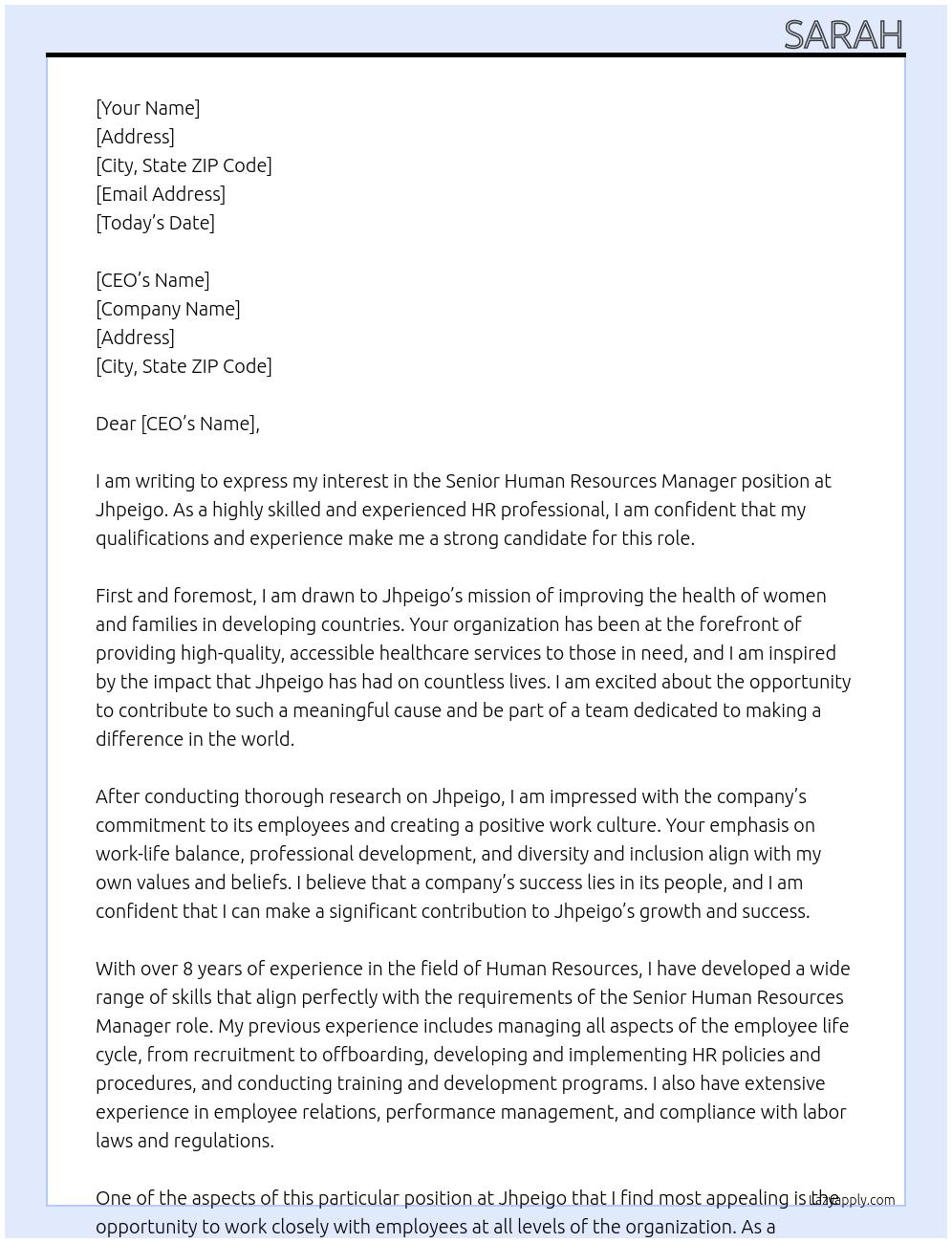 Senior Human Resources Manager At Jhpeigo Cover Letter