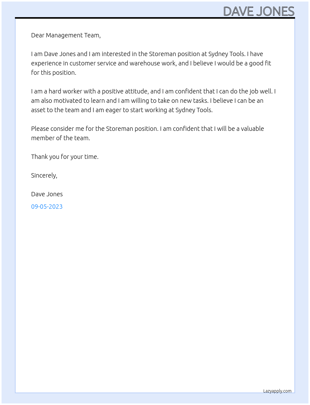 Storeman At Sydney Tools Cover Letter