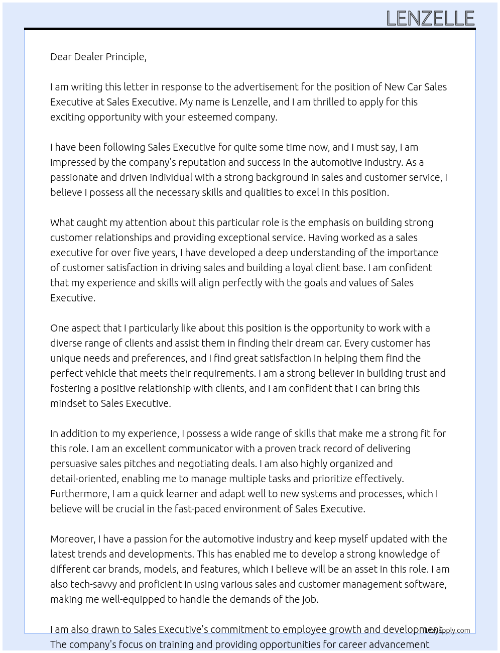 Cover letter for new car sales executive - LazyApply