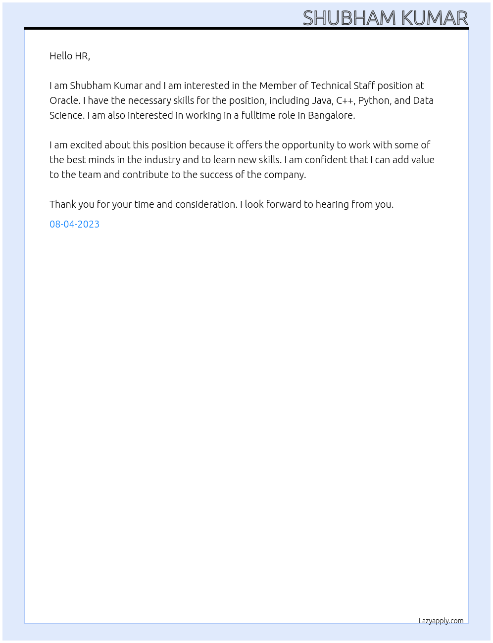 Member of Technical Staff At Oracle Cover Letter