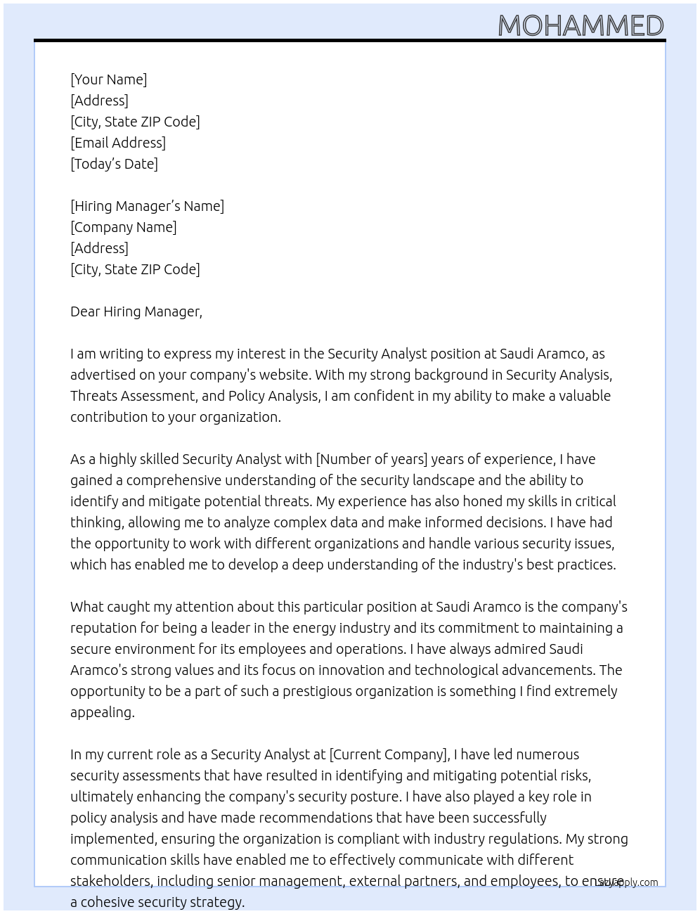 Security Analyst  At Saudi Aramco Cover Letter